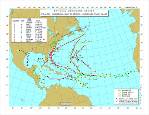 Hurrikaanien reittejä vuodelta 1999. Kuva: 