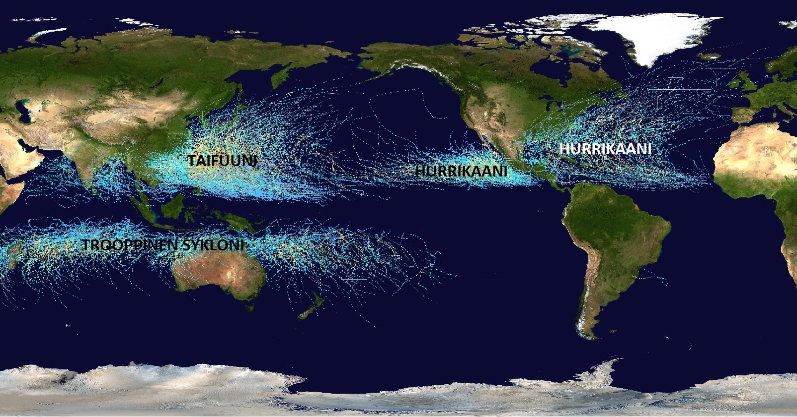Trooppiset myrskyt vuosilta 1985-2005. Sekä niiden nimitykset merialueiden mukaan.