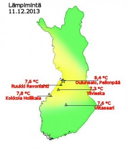 Suomen korkeimmat lämpötilat 11.12.2013