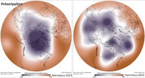 Kuva2: Polaaripyörteen hajoaminen Yhdysvaltojen  ja Kanadan päällä selittää osittain alueen hyiset ja talviste olosuhteet. (kuva: NOAA)