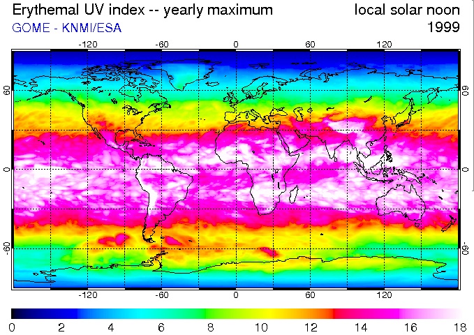 Maanpinnalle saapuneen UV-säteilyn korkein määrä keskipäivällä vuonna 1999 eri puolilla maapalloa.