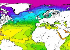 Meriveden lämpötila Pohjois-Atlantilla tällä hetkellä. (Kuva: NOAA)