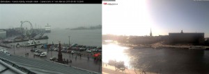 Kuva 1: Kateutta sunnuntaina: Helsinki +5 C ja tihkusadetta, Tukholma +17 C ja aurinkoa. (kuvat: Port of Helsinki / webbkameror.se)