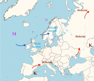 Kuva 1: Positiivisen NAO-indeksin vaiheessa Länsi- ja Pohjois-Euroopassa sää on kesäisin epävakaista, vaihtelevaa ja tavanomaista viileämpää. Pohjois-Atlantilta on viime aikoina irtaantunut useita matalapaineen osakeskuksia, jotka ovat liikkueet Skandinavian yli itään. Helteet ovat jääneet Etelä-Euroopan ja Venäjän asiaksi.