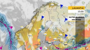 Kuva 1: Lämpötila jäänee pilviverhon alla tihkusateessa idsässä ja pohjoisessa paikoin vain n. +10 asteen vaiheille tai jopa sen alapuolelle. Etelärannikolla ja pääkaupunkiseudulla voi ukkostaakin (kuva: Markus Mäntykannas/MTV)
