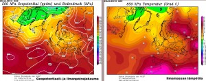 Kuva 1: GFS-mallin geopotentiaali-, ilmanpainejakauma- ja ilmamassa-analyysit 29.7.2010 osalta (kuva: Wetterzentrale)