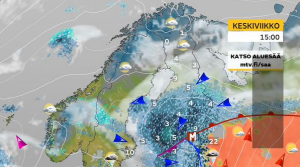 MTV3-kavanan sääkartta. Suomessa vallitsee viileä ilmamassa, Suomen kaakkoispuolella lämmin. (Kuva: MTV3/Markus Mäntykangas)