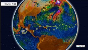 Kuva 2: Afrikan itäaalto voi matkata aina itäiselle Tyynellemerelle saakka, jossa se voi joko itsessään tai MCS:n avustamana lämpimän merialueen yllä toimia provokaattorina hurrikaanille. Patrician syntyseutuvilla meren pintaveden lämpötila oli jopa yli 30-asteista (kuva: Markus M/Foreca)