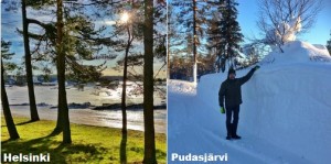 Kuva 2: Helmikuun lumitilanteessa oli suuria eroja etelän ja pohjoisen välillä (kuvat: Markus M. / Tuomas T. / Helsinki ja Pudasjärvi)