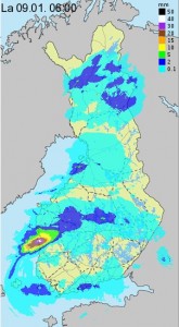 Suomen 24 tunnin sadekertymä tutkakuvan perusteella alkaen 8.1.2016 klo 08 (kuva: Foreca)