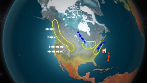 Kuva 1: Yhdysvalloissa vuoristo, suuret järvialueet sekä lämpimän Atlantin valtameren läheisyys aiheuttavat monilla alueilla erittäin suuria lumikertymiä. Kalliovuorten alueilla läntiset ja kosteat ilmavirtaukset joutuvat pakotettuun nousuun, jolloin vuoristolla sataa paljonkin lunta. Suuret Järvet aiheuttavat talvisin arktisen ilmamassan purkausten yhteydessä "lake-effect snow" -ilmiön, kun taas itärannikolla voimakkaat sateet saavat enegiansa Golfvirran lämmittämästä Atlantista. (kuva: Markus M/MTV)