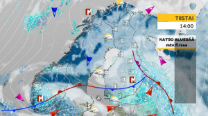 Kuva 2: Kylminä vuodenaikoina suurin osa Suomeen saapuvista sateista liittyy säärintamiin. (kuva: MTV Uutiset)