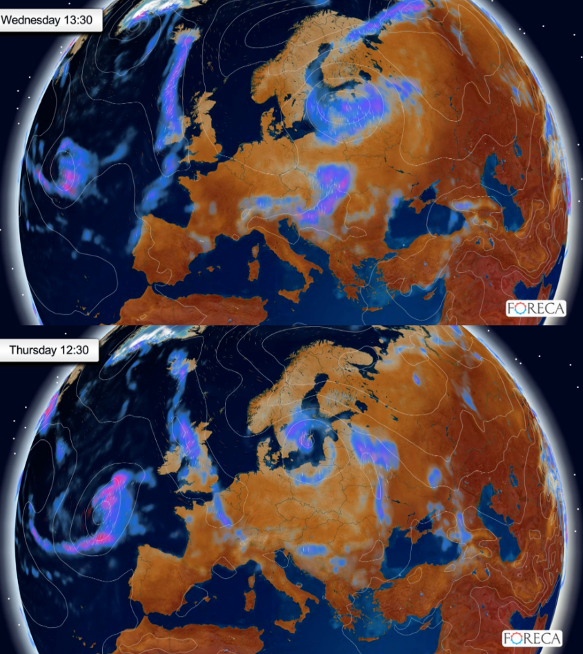 Keskiviikon ja torstain sääennuste (kuva: Foreca)