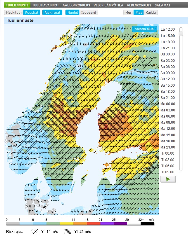 Puuskat riskirajoineen maa-alueilla (Kuva: Foreca)