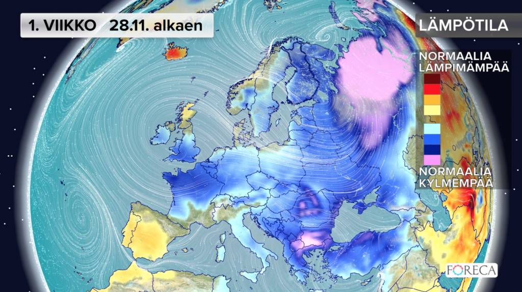 Kuukausiennusteen ensimmäinen viikko: keskimääräistä kylmempää koko Euroopassa! (Kuva: Foreca)